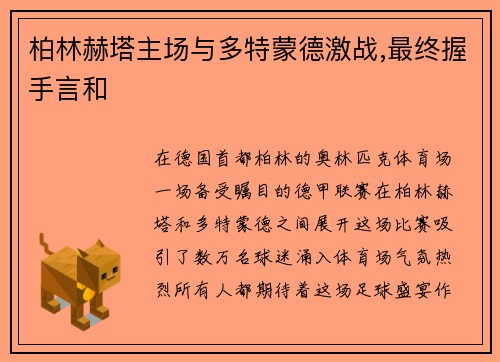 柏林赫塔主场与多特蒙德激战,最终握手言和